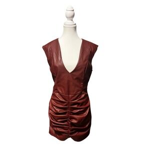 Micas Faux Leather Ruched Bodycon Dress Wine Maroon Brown Large